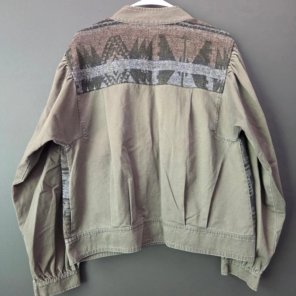 Mystree Womens Aztec Western Mixed Media Bomber Jacket Olive Green Large